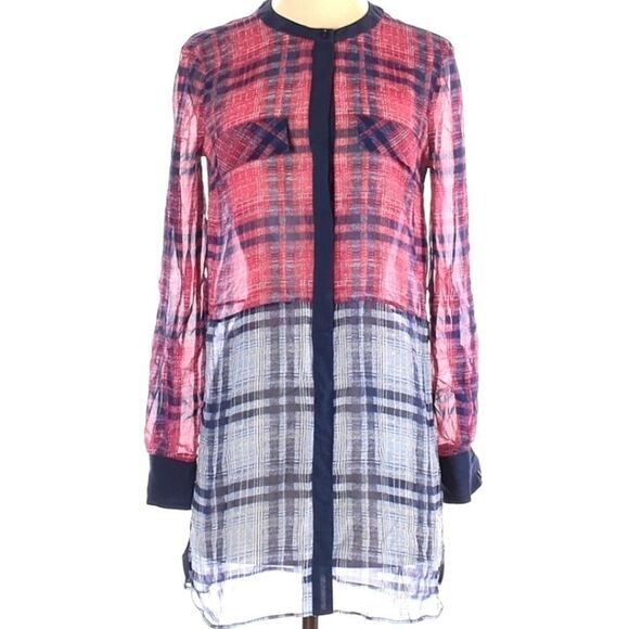 BCBGMaxAzria Dresses & Skirts - BCBGMAXAZRIA Silk‎ Plaid Button Down Dress Size XXS